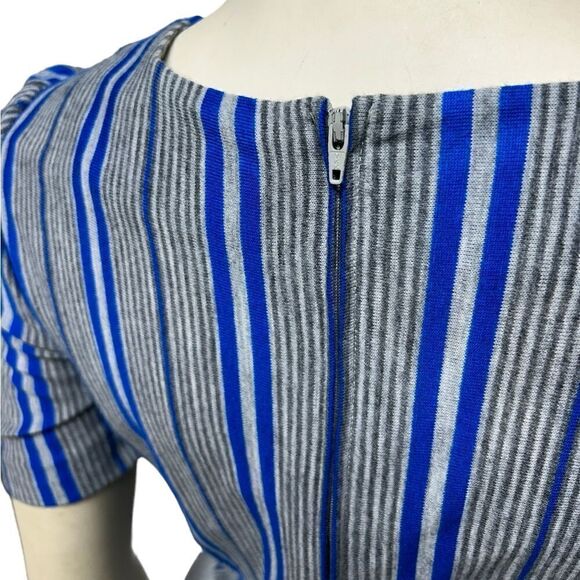 Vintage Leslie Fay Blue Gray Striped Short Sleeve Midi Dress Blouson Stretch - Picture 6 of 14